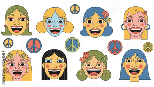 Collection of diverse cartoon women faces with peace signs, depicting a retro 60s hippie style with vibrant colors and joyful expressions.