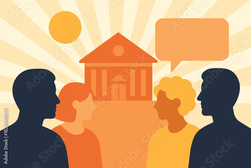 Diverse group of people discussing a building with a speech bubble