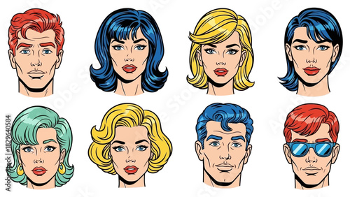 Pop art comic style portraits of diverse men and women with various hairstyles and expressions.