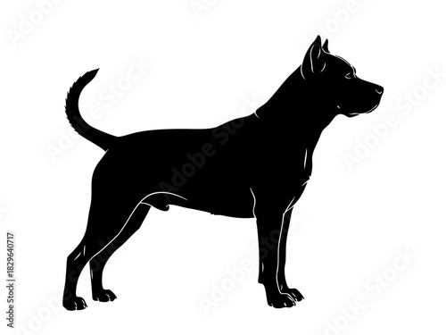 Silhouette of a black dog standing with its tail curled, ideal for icon use, a