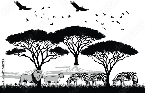 African wildlife scene featuring lions, zebras, acacia trees, birds, savanna landscape, grazing animals, natural habitat, safari environment, wilderness ecosystem, majestic nature illustration