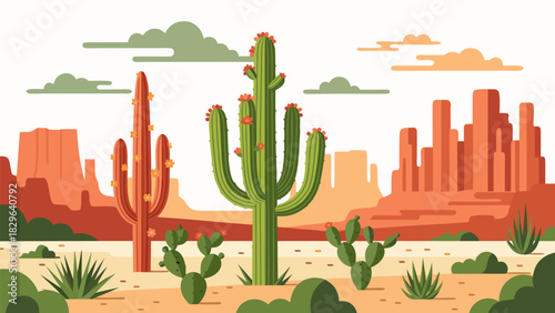 Desert Landscape with Cacti and Red Rock Formations Illustration