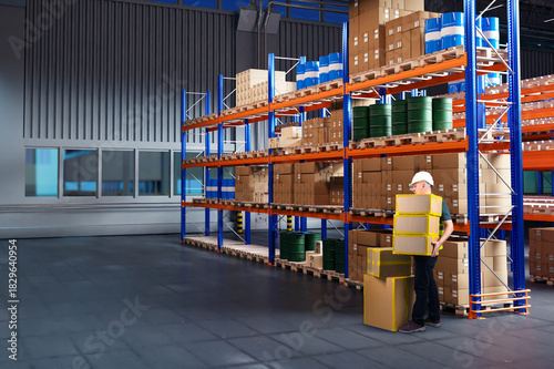 Εκτύπωση καμβά Warehouse logistics worker handles stacked cardboard boxes near stocked shelves, performing manual loading tasks and supporting storage operations in an organized facility