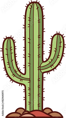 Cartoon Cactus Illustration Desert Plant with Spikes and Brown Rocks in a Flat Design
