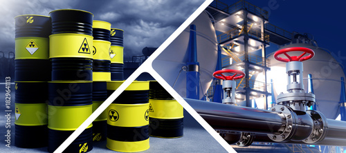 Hazardous materials management involves storing radioactive waste barrels and controlling industrial pipelines, highlighting safety protocols, containment systems and regulated handling operations.
