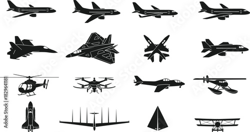 Aircraft silhouette collection, military jets, commercial airplanes, helicopter, drone, space shuttle, aviation icons, vector aircraft set, black plane illustrations, flight design