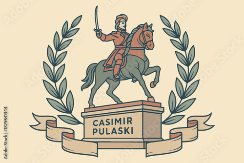 Casimir pulaski equestrian statue monument with laurel wreath and banner