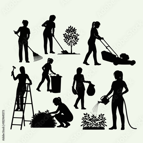 Silhouettes of people engaged in various gardening activities including mowing, watering, and planting, isolated on