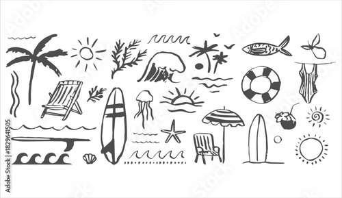 Hand-Drawn Summer Tropical Vacation Icon Set: Beach Umbrella, Palm Trees, Sailing Boat, and Sun Sketch Elements for Holiday and Travel Graphics.