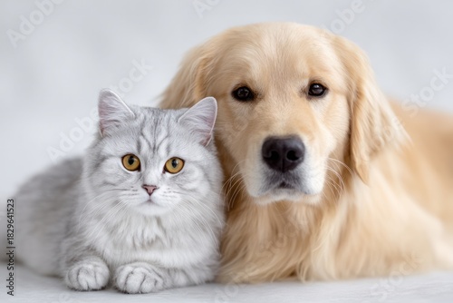 Best Friends Forever: A charming Golden Retriever and a sleek silver tabby cat strike a pose, showcasing their heartwarming bond.