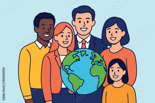 Diverse group of people standing together around the earth