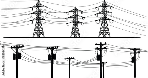 High-voltage transmission towers and local utility poles, power grid infrastructure comparison, electrical distribution vs transmission, energy networks, vector illustration