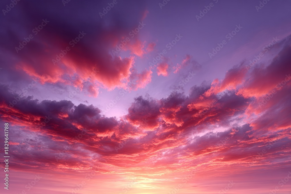 Naklejka premium Crimson Canvas: A stunning display of nature's artistry as fiery red and soft pink hues paint the sky. The ethereal glow of the sun casts a dramatic silhouette.
