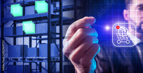 E-commerce logistics specialist manages digital order processing, selecting warehouse inventory through a virtual interface to streamline packing and shipping workflows.