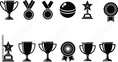 Award icons set, trophy, medal, ribbon, achievement symbols, black and white, sports recognition, academic honor, competition prize, vector silhouette design