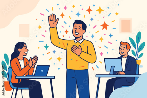 Man raising hand in appreciation with colleagues clapping and celebrating success