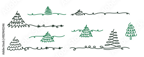Minimalist Christmas trees drawn in continuous line art. Whimsical hand drawn doodle Christmas Trees set. Elegant, modern, and simple vector outlines for holiday and seasonal design.