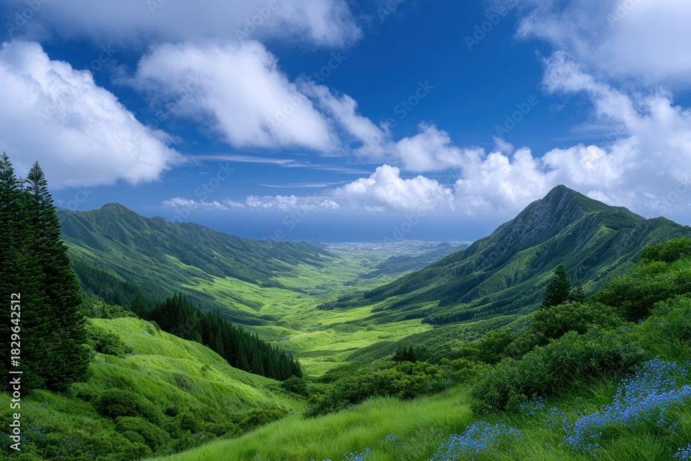 Fototapeta premium Mountain Valley Panorama: A stunning landscape unfolds, showcasing a vibrant green valley cradled by towering mountains under a dynamic sky filled with fluffy clouds. Capturing the grandeur of nature