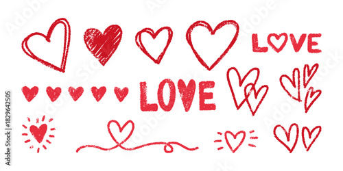 Set textured red love elements like hearts and scribbles. Hand drawn vector graphics for Valentine's Day, wedding, romantic design themes. Chalk crayon drawing hearts, love text, cute naive elements.