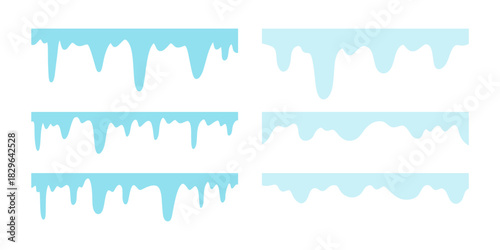 Set of melting ice and snow drip borders. Hand drawn vector elements for winter, cold, sweet, and seasonal design themes like candy and defrosting. Christmas, New Year melts drips frame set.