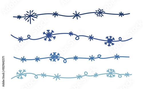Christmas border and divider made of doodle lines decorated with snowflakes. Simple, festive, and cute vector element for winter, holiday, and Christmas, New Year design projects. Snowflakes dividers.