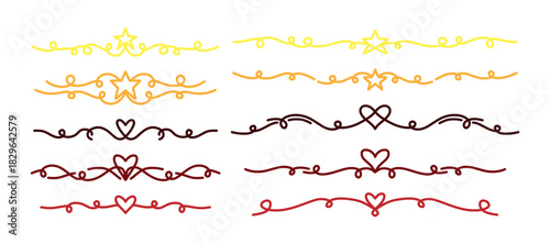 Set hand drawn dividers and borders with star and heart doodle accents. Simple and cute vector elements for notes, headers, and decorative design. festive dividers for Christmas designs.