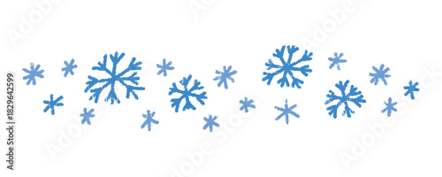 Snowflakes textured pattern. Winter, holiday, and Christmas themed vector design element for fabric, wrapping, and seasonal design. Patterned crayon chalk New Year blue snowflakes.