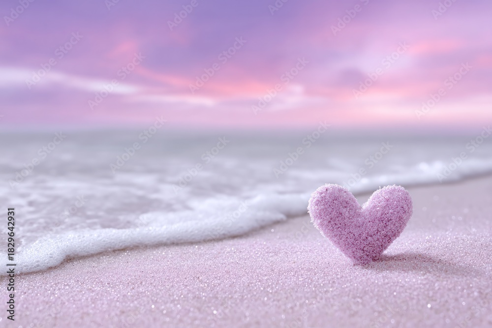 Fototapeta premium Ocean of Affection: A knitted heart rests on a serene beach, nestled close to gentle ocean waves under a dreamy sky, depicting serenity.