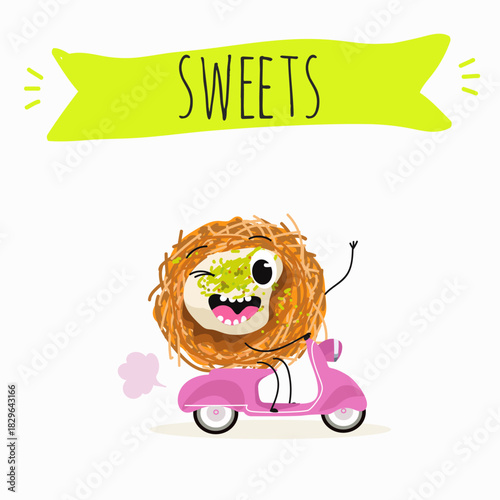 Funny Characters Turkish Traditional dessert, Kunafa, Konafa, Kanafeh, kadayif or mabroma, roll. Hand drawn vector illustration.