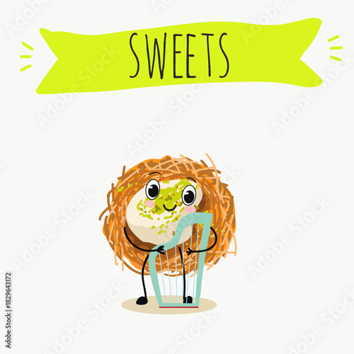 Funny Characters Turkish Traditional dessert, Kunafa, Konafa, Kanafeh, kadayif or mabroma, roll. Hand drawn vector illustration.