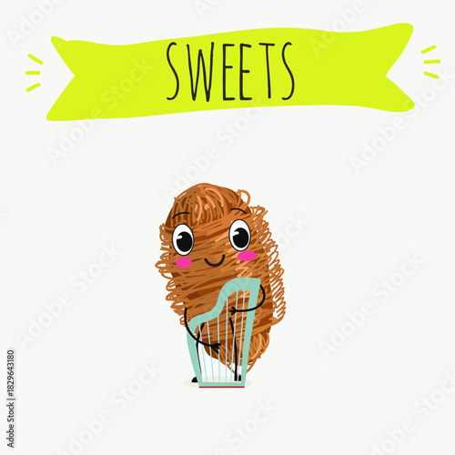 Funny Characters Turkish Traditional dessert, Kunafa, Konafa, Kanafeh, kadayif or mabroma, roll. Hand drawn vector illustration.