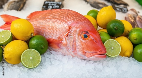Fresh red snapper fish displayed on ice surrounded by citrus fruits