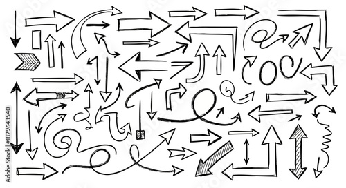 Collection of various arrow symbols and icons in black and white line art style