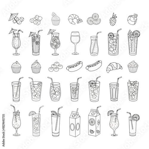 A collection of various drinks and desserts including cocktails, sodas, cakes, and pastries in a black and white line art style
