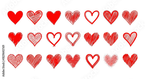 Collection of red heart shapes with various patterns and textures, perfect for valentines day, love themes, and romantic designs