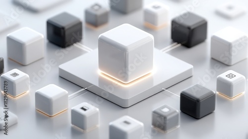White cube surrounded by smaller cubes representing blockchain payment network in a minimalist design concept