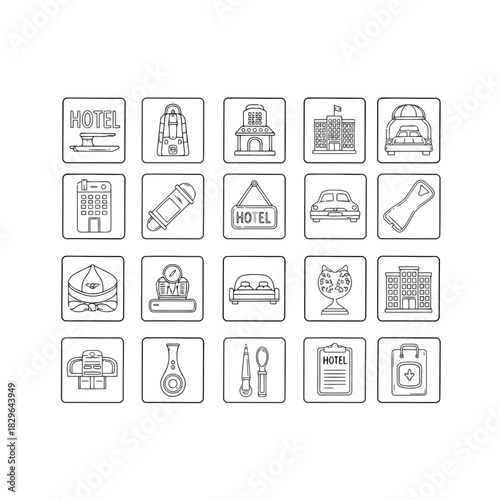 Collection of various travel and hotel icons including hotel buildings, luggage, and travel documents