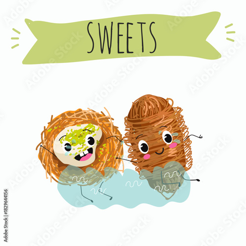 Funny Characters Turkish Traditional dessert, Kunafa, Konafa, Kanafeh, kadayif or mabroma, roll. Hand drawn vector illustration.