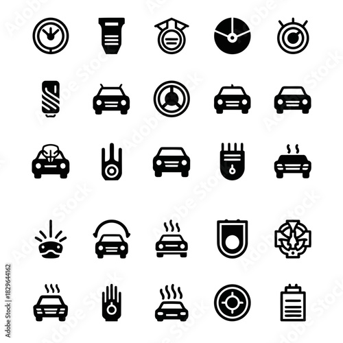 Set of black and white icons representing various traffic, law enforcement, and vehiclerelated symbols
