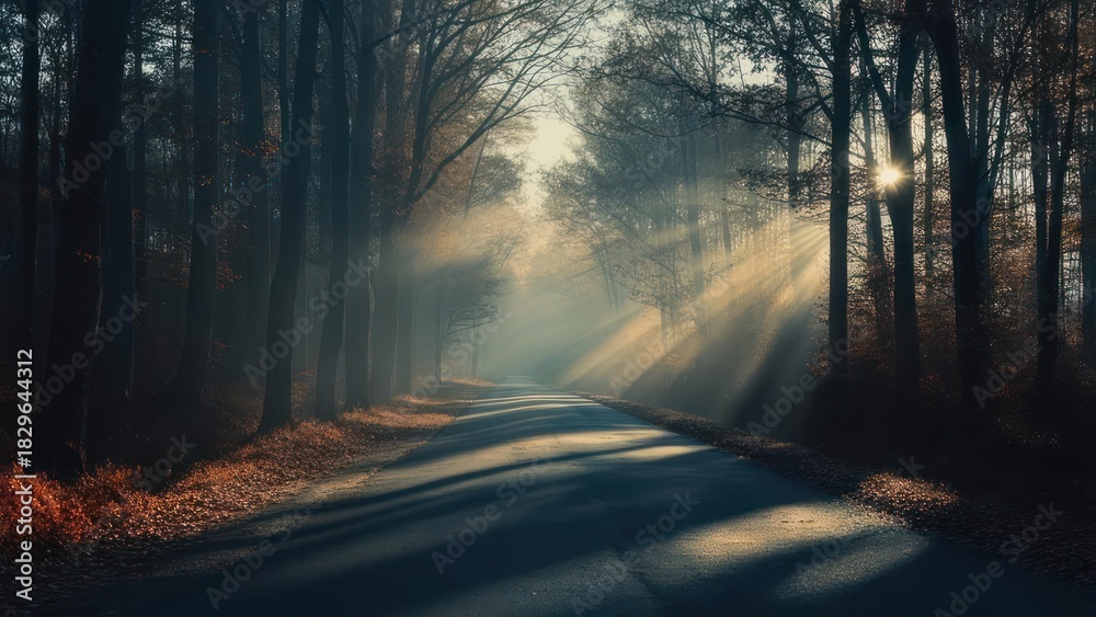 Obraz premium Sunlight Streams Through Foggy Forest Road.