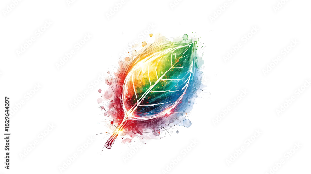 Fototapeta premium A vibrant watercolor leaf with rainbow colors on a black background in digital art style on transparent background