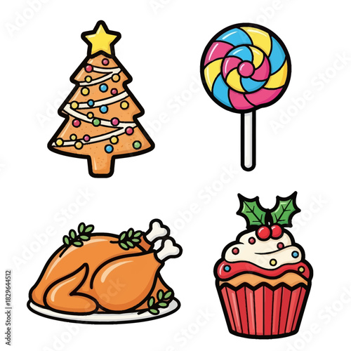 A collection of festive holiday treats including a gingerbread Christmas tree, a colorful lollipop, a roasted turkey, and a decorated cupcake.