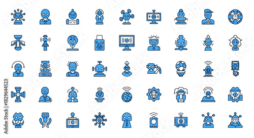 Collection of various blue icons representing different professions, tools, and activities on a