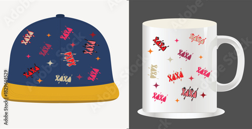 Festive cap and mug with repeating pattern