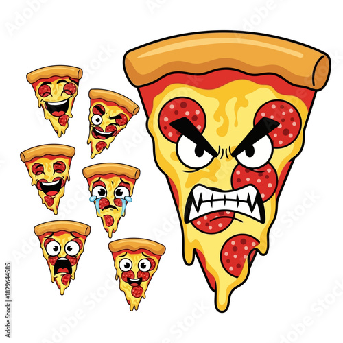 Funny cartoon pizza slices with faces expressing different emotions, isolated on