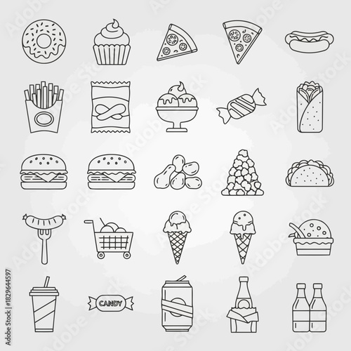 Assorted food items including burgers, pizza, hot dogs, tacos, and desserts in a minimalist black and white line art style