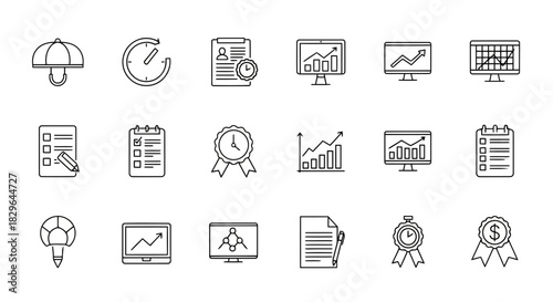 Set of icons representing business, finance, and success concepts including charts, graphs, awards, and documents