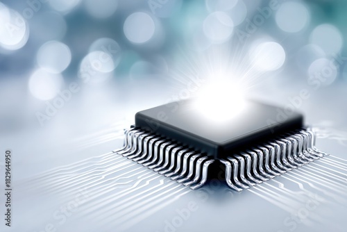 Technological Powerhouse: A high-tech circuit board's glowing integrated circuit chip, represents innovation and modern technological advancements.