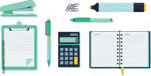 Office supplies in teal color scheme for business and education projects
