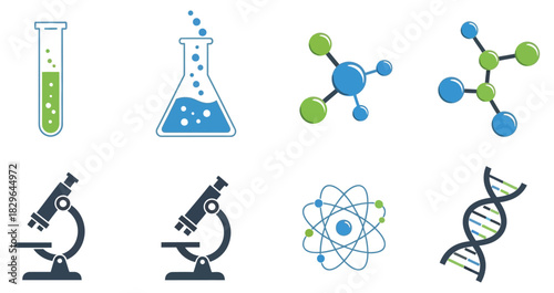 Science and chemistry icons test tube flask molecules microscope atom and dna
